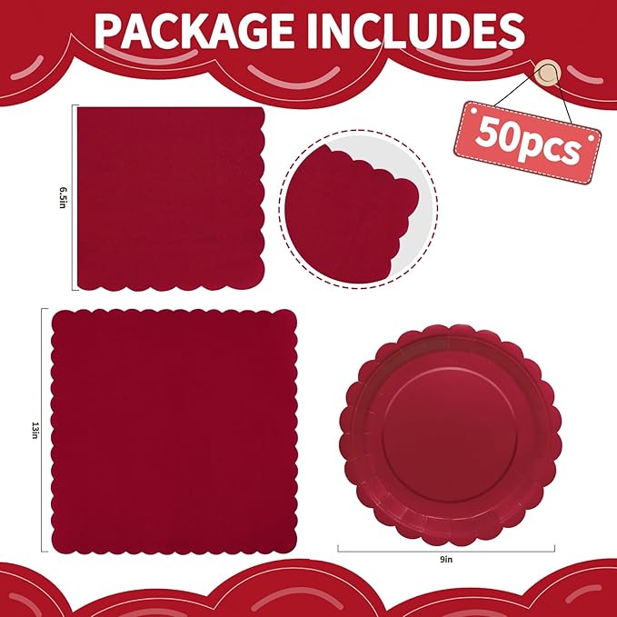 100pcs Red Paper Plates Napkins - Red Disposable Party Tableware Set for Birthdays Bridal Shower Baby Shower Graduation (Serves 50)
