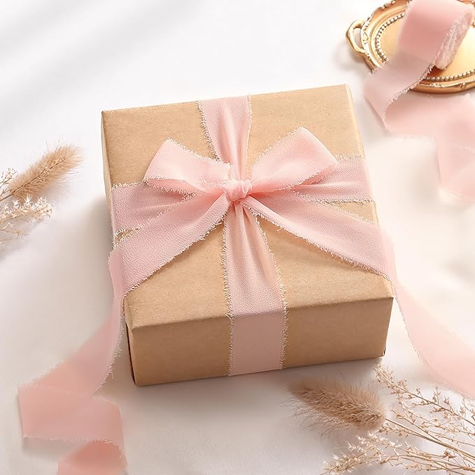 DORIS HOME Blush Pink Chiffon Ribbon for Flower Bouquet, 1" x21Yd Fabric Ribbon for Gift Wrapping, Handmade Frayed Ribbon for Wedding Invitations/Christmas Decorations