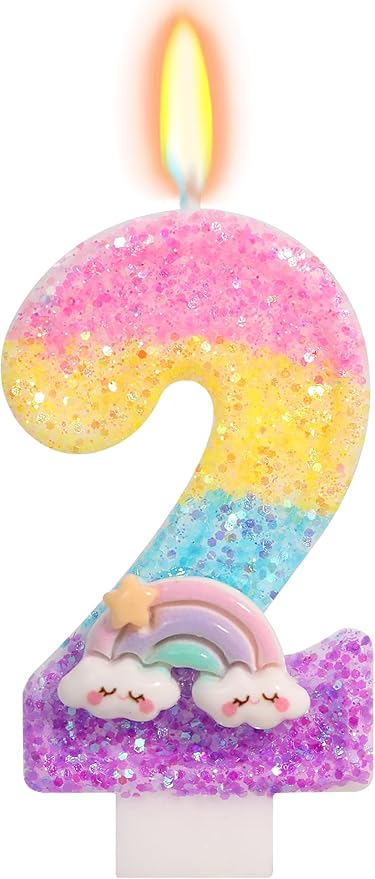 Rainbow Candles for Cakes, Number 2 Candle Rainbow Cake Topper for 2nd Birthday Decorations for Girl