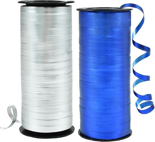 BEISHIDA Blue and Silver Curling Ribbons Balloon String Ribbons - 2 Pack 100 Yards for Gift Warppping Birthday Bachelor Winter Holiday Party Decorations