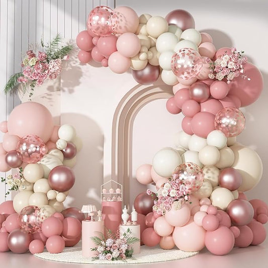 Ouddy Party Dusty Pink Balloons Arch Garland Kit, Different Sizes 18 12 10 5 Inch Boho Pink White Sand Latex Metallic Confetti Balloon for Girl Baby Shower Mothers Day Birthday Party Decorations