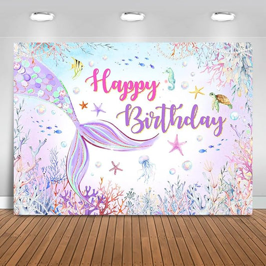 Mocsicka Mermaid Birthday Backdrop Blue and Purple Under The Sea Background for Girls Birthday Party Decor Photo Booth Props (6x4ft)
