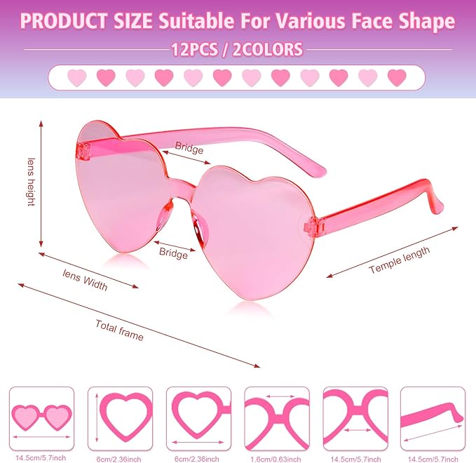 NACHLYNN 12 Pairs Heart Sunglasses for Women Rimless Heart Shap Sunglasses Heart Glasses for Party Favors Rose Red and Pink