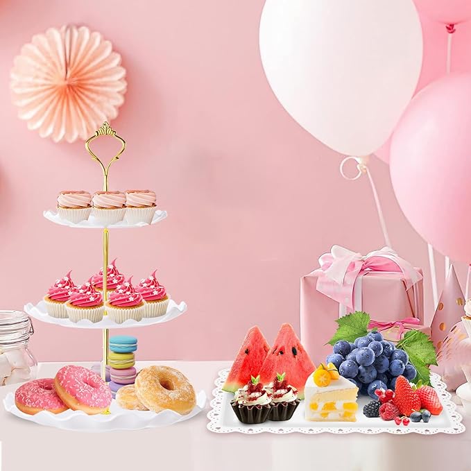 PinCute 5 Pcs Dessert Table Display Set - 2 X Cupcake Stand Holder/Cup Cake Tier Tower & 3 X Serving Tray Combo for Tea Party, Birthday, Baby Shower (Wave Round)
