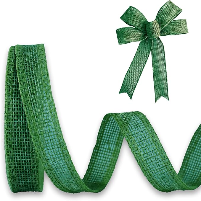 Dark Green Burap Ribbon 1/2 inch X 10 Yard Natural Dark Green Woven Ribbon DlY Handmade Solid WiredEdging Production Wreath Holiday Decoration Gift Ribbons for Gift Wrapping Green Ribbons