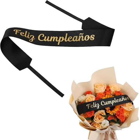 Set of 12 Bouquet Banner Grosgrain Ribbon Tie Wrap Printed Sash Florist Bulk Supply for Floral Arrangements (Black - Feliz CUMPLEANOS)