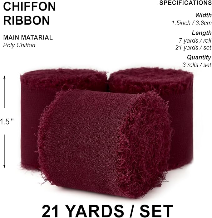 Burgundy Chiffon Ribbon 1.5" x 21 Yd Handmade Fringe Silk Chiffon Fabric Ribbon for Gift Wrapping Wedding Invitation Bridal Flower Bouquet DIY Crafts Home Decor
