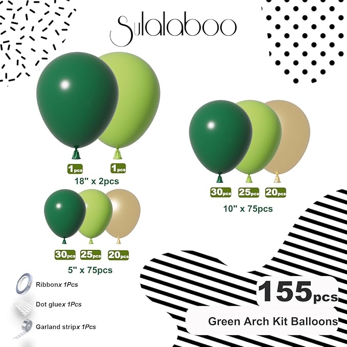 Green Balloons Arch Kit 155Pcs Different Sizes of 18 10 5 Inch Latex Dark Light Green Metallic Gold Balloon Garland for Birthday Anniversary Graduation Jungle Party Decorations