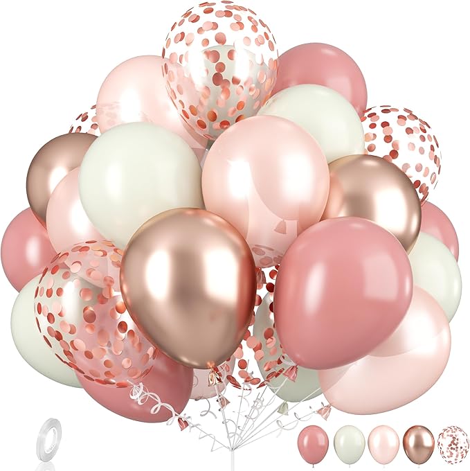 Dagelar Dusty Pink Boho Blush Balloons, Metallic Rose Gold Retro Pink Ivory White Balloon, Nude Cream White Balloon and Confetti Balloons for Bridal Baby Shower Girls Birthday Wedding Decor Supply