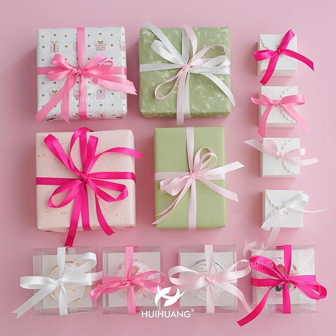 HUIHUANG Pink Satin Ribbon 1/2 inch x 4 Rolls White/Light Pink/Pink/Hot Pink Ribbon for Gift Wrapping DIY Crafts Hair Bows Flower Bouquets Wedding Bridal Shower Decor- Total 40 Yards