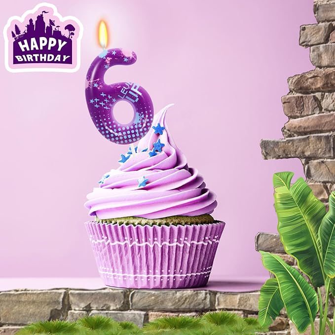 STG Birthday Candles for Boys - Number 6 Candle for Video Game Birthday Cake Topper, Fort Battle Level Up Sandbox Games Birthday Party Supplies (Purple)