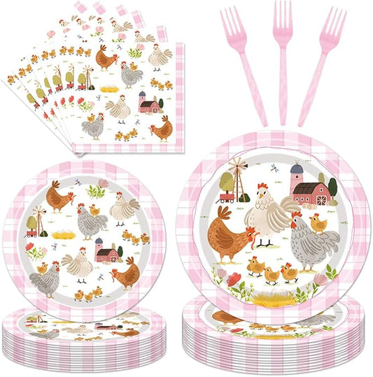 96Pcs Chicken Birthday Party Decorations Supplies – Farm Animal Barnyard Hen Chick Tableware Set, Plates Napkins Forks for Baby Shower Chicken Themed Party Dinnerware, Serves 24