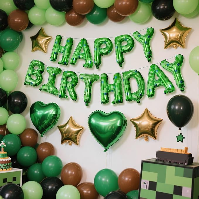 CANREVEL Happy Birthday Banner 30 Pcs 16 Inch Mylar Foil Letters with Star & Heart Balloons Green Pixel Miner Theme Birthday Party Decorations for Kids and Adults