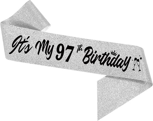 It's My 97th Birthday Sliver Sash - Sparkling Happy 97 Birthday Satin Sash for Boy Girl - 97 Years Old Party Decorations