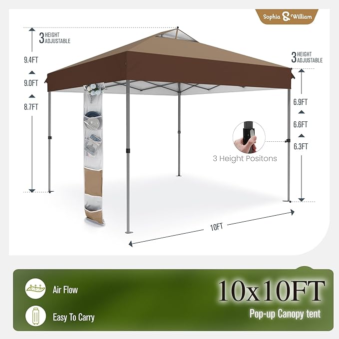 Sophia & William Canopy Tent Pop Up 10x10 ft, One Person Push Set Up Tent, Outdoor Canopies Shelter Heavy Duty Straight Legs with 4 Sandbags & Guy Ropes, 1 Roller Bag & Storage Bag, 8 Stakes, UPF50+