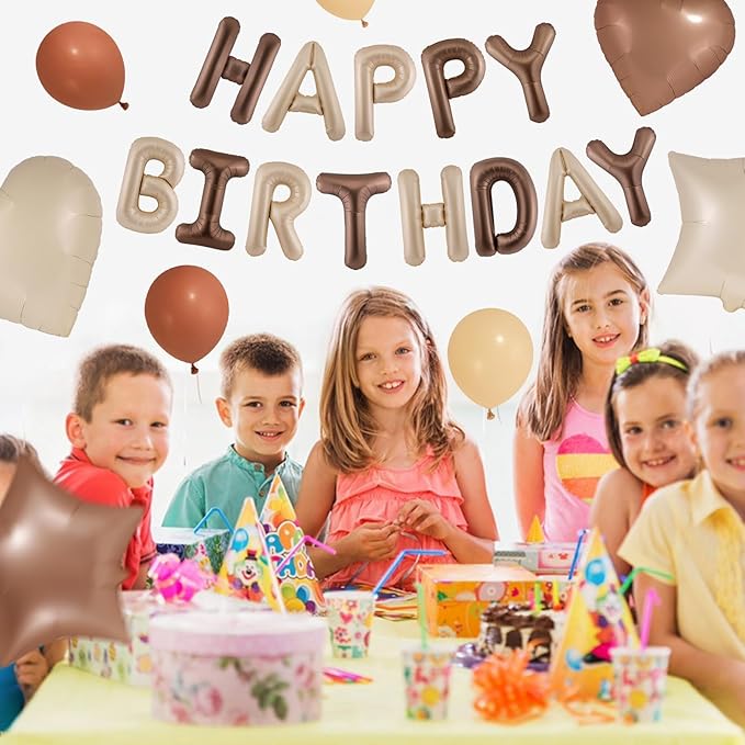 CANREVEL Happy Birthday Balloons Banner 16 Inch Mylar Foil Letters with Star & Heart Balloons Birthday Party Decorations for Men and Women - 29 Pcs Caramel chocolate