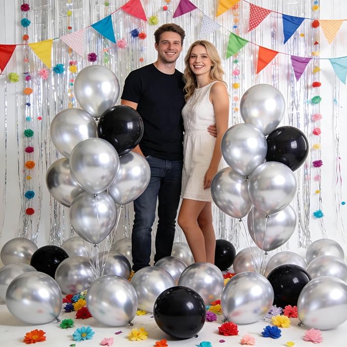 110pcs Metallic silver Balloons, Metallic silver Latex Balloons 12 inch, silver Balloon for Birthday Party Baby Shower Wedding(with 2 Ribbons).
