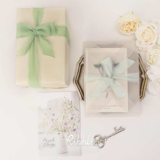 Ribbli Green Ribbon 1 Inch x 3 Rolls Total 24 Yards Ivory/Sage/Forest Green Handmade Fringe Chiffon Silk Ribbon for Wrapping Wedding Invitations Bridal Bouquets DIY Crafts Home Decor