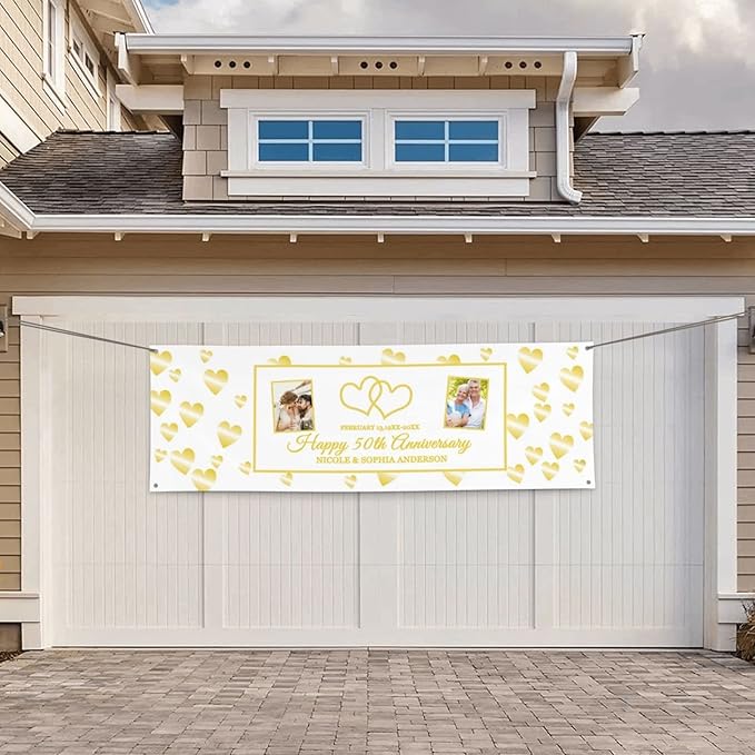 Happy Anniversary Banner Personalized Name Photo Custom Wedding Celebration Banners and Signs Customize Decoration for Couple 4'x2'