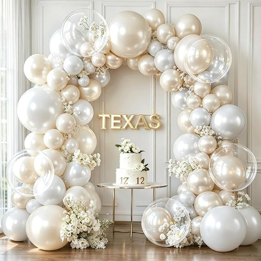 Pearl White Balloons Arch Kit, Double Stuffed White Sand Beige Ivory Balloons Pastel White Bobo Balloons Arch Kit for Wedding Birthday Party Engagement Decorations