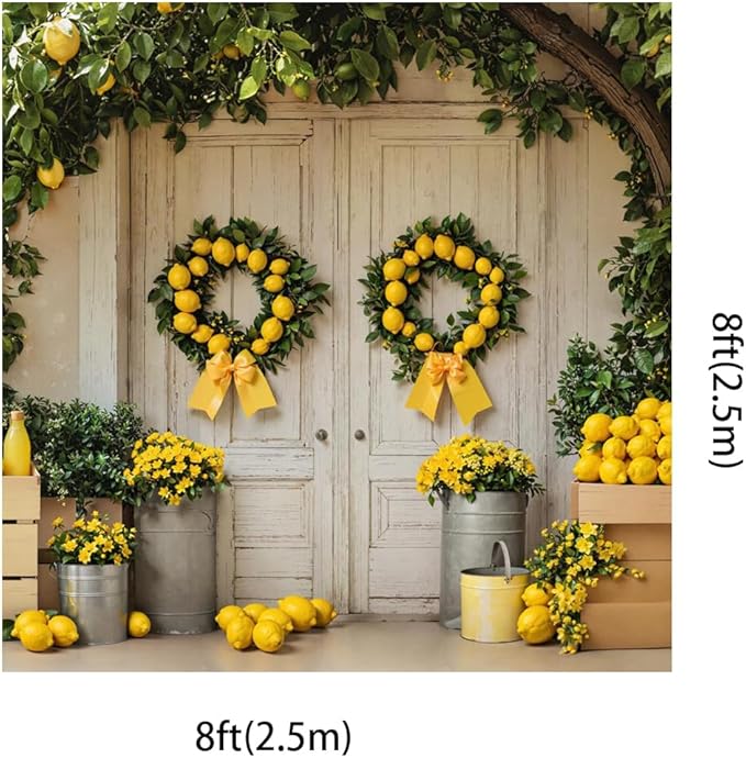 Kate 8x8ft Summer Lemonade Party Photography Backdrops with White Wooden Door Farm Market Fresh Lemon Photo Background for Microfiber Polyester