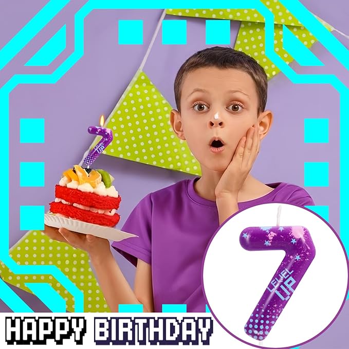 STG Birthday Candles for Boys - Number 7 Candle for Video Game Birthday Cake Topper, Fort Battle Level Up Sandbox Games Birthday Party Supplies (Purple)
