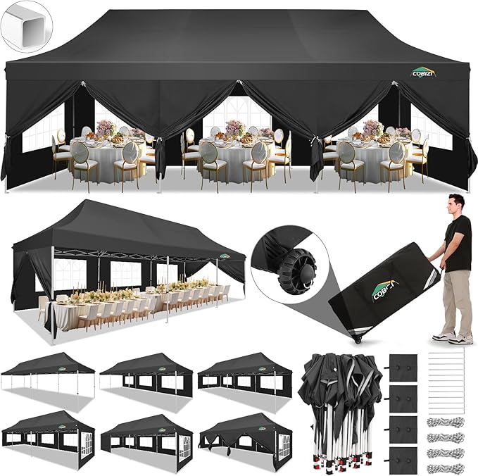 COBIZI 10x30 Pop Up Canopy with 8 Removable Sidewalls Party Tents for Parties Wedding Patio Commercial Waterproof and UV50+ Ez Outdoor Instant Gazebo with Roller Bag & 4 Sandbags（Matte Black）
