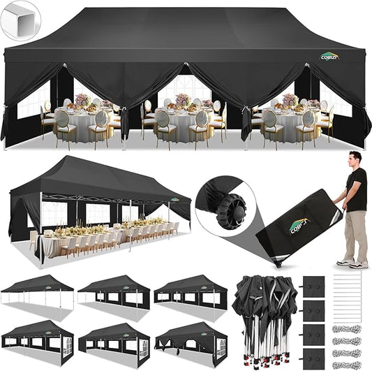 COBIZI 10x30 Pop Up Canopy with 8 Removable Sidewalls Party Tents for Parties Wedding Patio Commercial Waterproof and UV50+ Ez Outdoor Instant Gazebo with Roller Bag & 4 Sandbags（Matte Black）