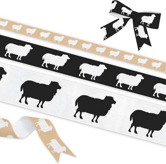 YKW Sheep Pattern Grosgrain Ribbon Set - 3 Widths (3/8", 7/8", 1.5") x 5 Yards Each - Black, White & Beige Silhouette Ribbons for Crafts, Gift Wrapping, Wedding & Party Decoration