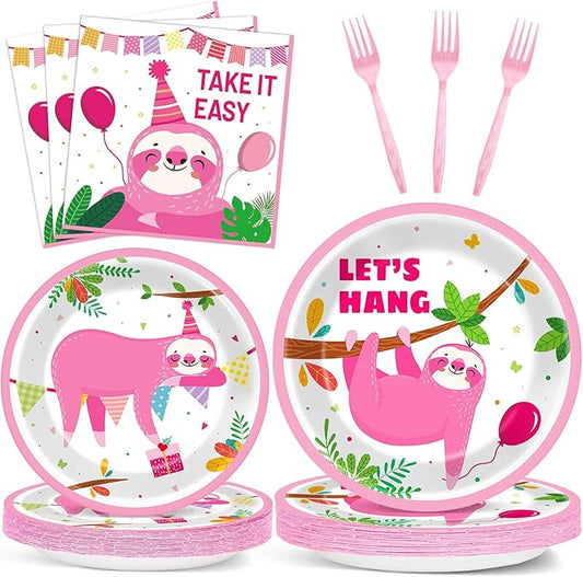 Wiooffen 96 Pcs Sloth Animal Party Plates Napkins Tableware Set Pink Sloth Themed Decoration Favors for Baby Shower Birthday Party, 24 Guests