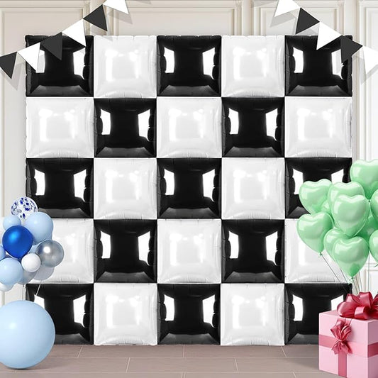 Black and White Square Foil Balloons 25 Pcs Metallic Black and White Balloons Wall Backdrop for New Year Graduation Birthday Bridal Shower Party Arch Backdrop Decorations