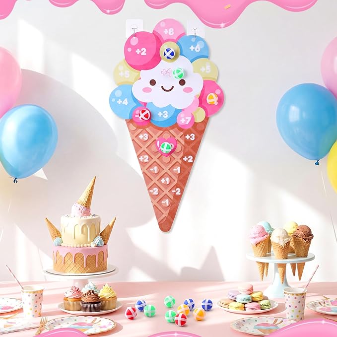 Seenelling Ice Cream Party Game 26 x 14 Ice Cream Dart Board with 12 Sticky Balls Toys Summer Games Two Sweet Birthday Decorations Three Scoops of Fun Birthday Decor Party Favors