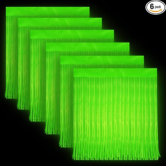 6 Pack Glow in The Dark Curtains Party Supplies 6.6 x 3.3 Ft Glow Tinsel Foil Fringe Curtains Photo Booth Prop Backdrop Streamer for Birthday Holiday Neon Party Decorations