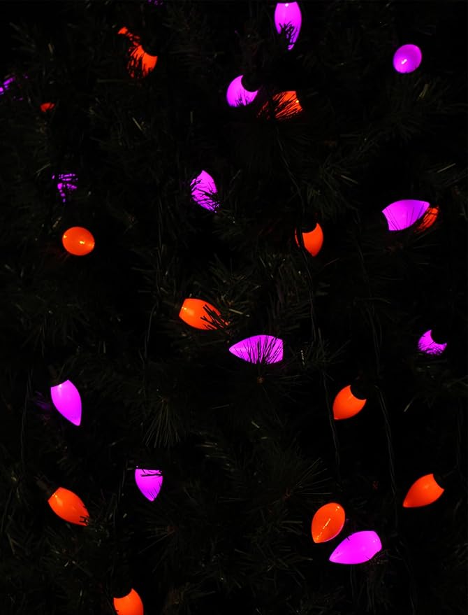 C9 Halloween String Lights Outdoor, 26.4Ft C9 Halloween Decorations with 50 LED Orange and Purple Lights, Extendable Hanging Plug in Christmas Night Lights for Party, Patio, Outside Yard, House Decor