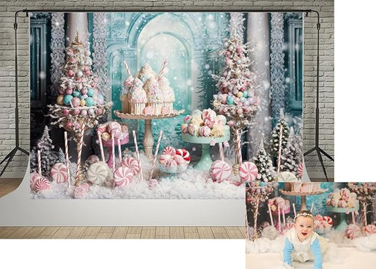 Kate 7x5ft Christmas Candy Land Photography Backdrops Pink Blue Winter Wonderland with Lollipops Mini Trees Cupcakes Photo Background Kids Birthday Baby Shower Backgrounds