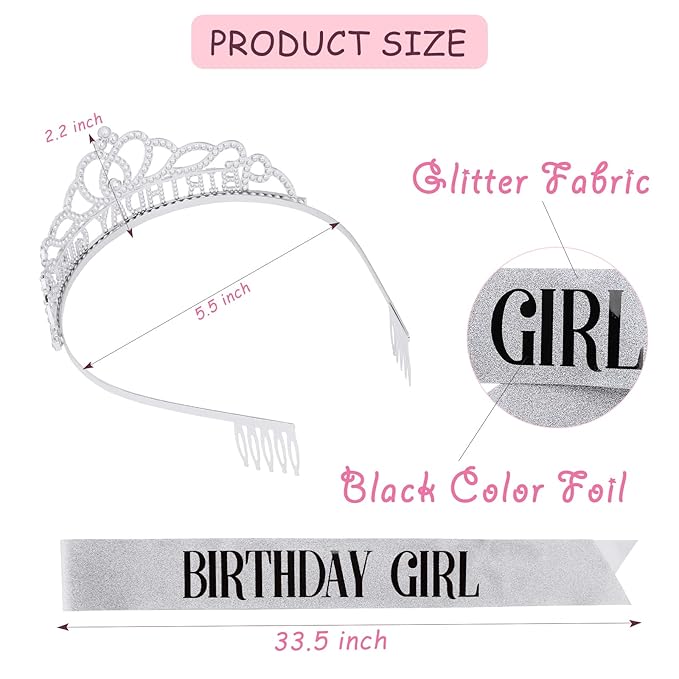 CIEHER Birthday Girl Crown and Birthday Sash Silver Birthday Tiara for Women Birthday Girl Headband Princess Crown Birthday Decorations Birthday Crown and Sash Rhinestone Happy Birthday Accessories Birthday Gifts