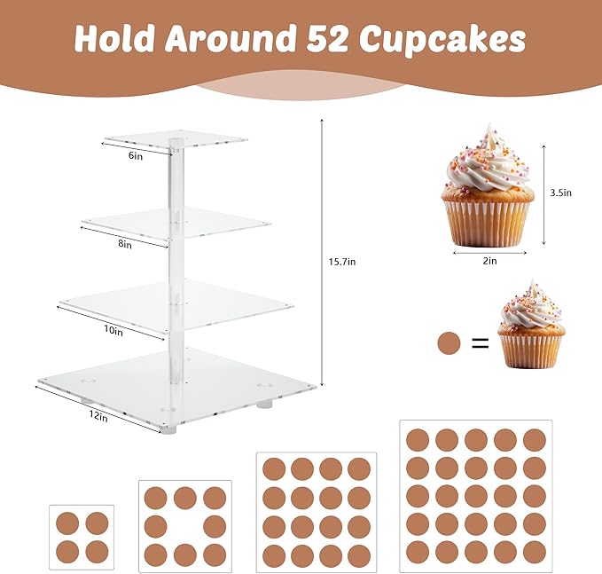 4 Tier Acrylic Cupcake Display Stand, Cupcake Tower Stand with Light, Cupcake Tier Stand for 50 Cupcakes, Clear Cupcake Stands for Weddings, Birthdays, Party, Graduation