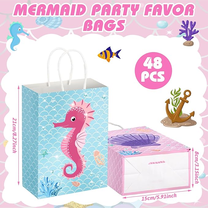 Outus 48 Pcs Mermaid Birthday Party Favor Bags Mermaid Gift Goodie Treat Candy Bags Under the Sea Gift Wrap for Kids Princess Baby Shower Party Supplies