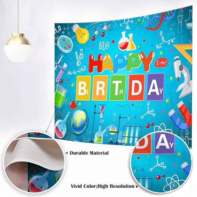 Mocsicka Science Theme Birthday Backdrop Chemical Laboratory Mad Sciencist Happy Birthday Party Decorations Banner for Boys Chemical Science Photography Background (Cyan, 10x8ft(120"x96"))