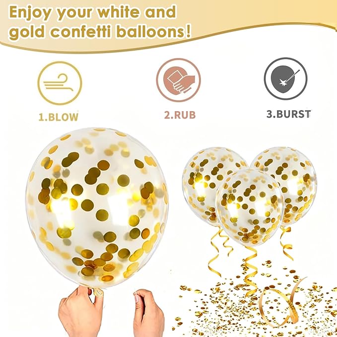 White and Gold Confetti Balloons - 50pcs 12 Inch Metallic Champagne Gold Matte Sand Beige White Latex Balloons for Birthday Graduation Wedding Gender Reveal Party Decorations