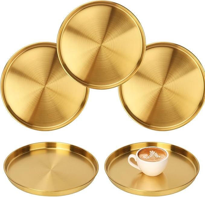 5 Pcs 12 Inch Gold Round Serving Tray, Stainless Steel Decorative Table Trays, Brushed Brass Finish, Multi-Functional for Home, Kitchen, and Vanity