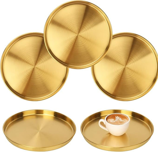 5 Pcs 12 Inch Gold Round Serving Tray, Stainless Steel Decorative Table Trays, Brushed Brass Finish, Multi-Functional for Home, Kitchen, and Vanity