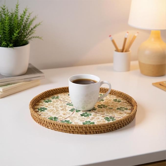 Round Rattan Tray with Mother of Pearl Inlay, Handwoven Wicker Coffee Table Serving Basket Tray for Fruit Snack Party Picnic Cafe Bedroom Kitchen Home Decor Set of 2 (Four Leaf Clover)