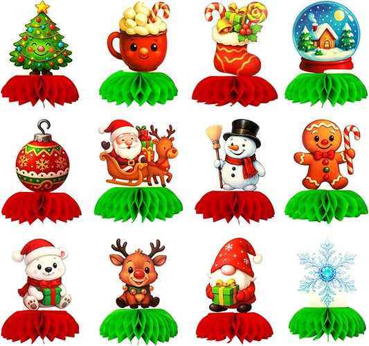 12 Pcs Christmas Party Table Decorations Centerpieces, Honeycomb Xmas Holiday Festive Decor for Dinner, Winter Holiday and New Year Celebration