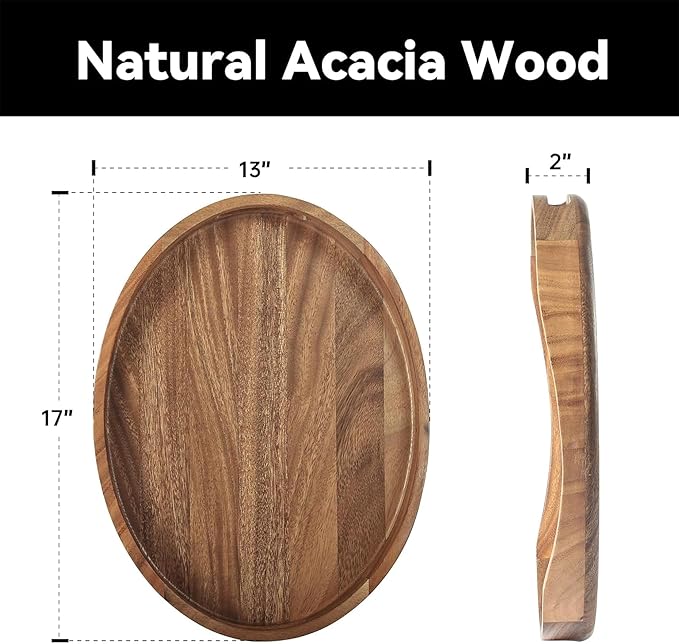 Acacia Wood Serving Tray with Handles - 17"x13" Round, Decorative Ottoman Tray for Living Room, Coffee Table, Breakfast in Bed, Candle Display