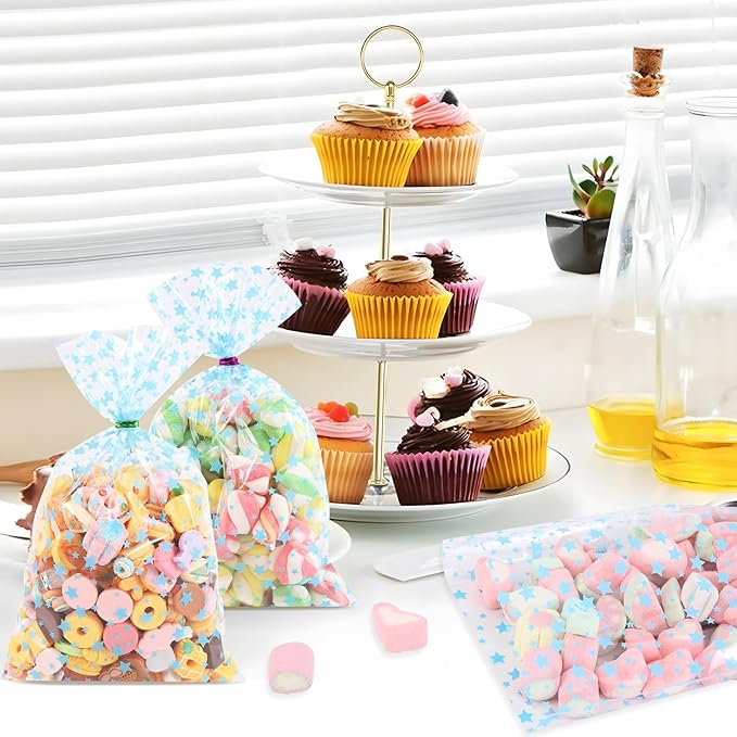 100Pcs Cellophane Treat Bags,5 X 11 Inches Blue Star Clear Cellophane Bags,for Gift Wrapping,Packaging Candies,Dessert,Bakery, Cookies, Chocolate,Party Party Decorations