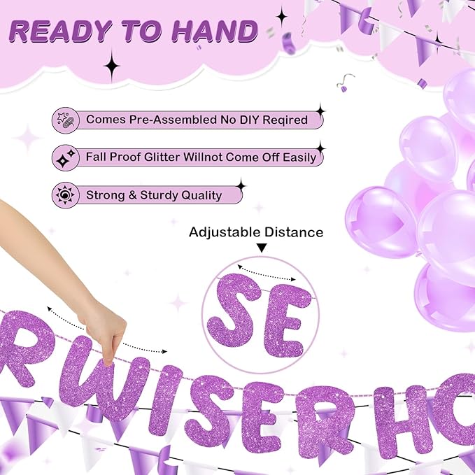 Fulmoon Set of 3 Pre Strung Older Wiser Hotter Glitter Banner Funny Birthday Banner for Women 30th 40th 50th 60th 70th 80th Birthday Party Decorations Sign Gift(Light Purple)