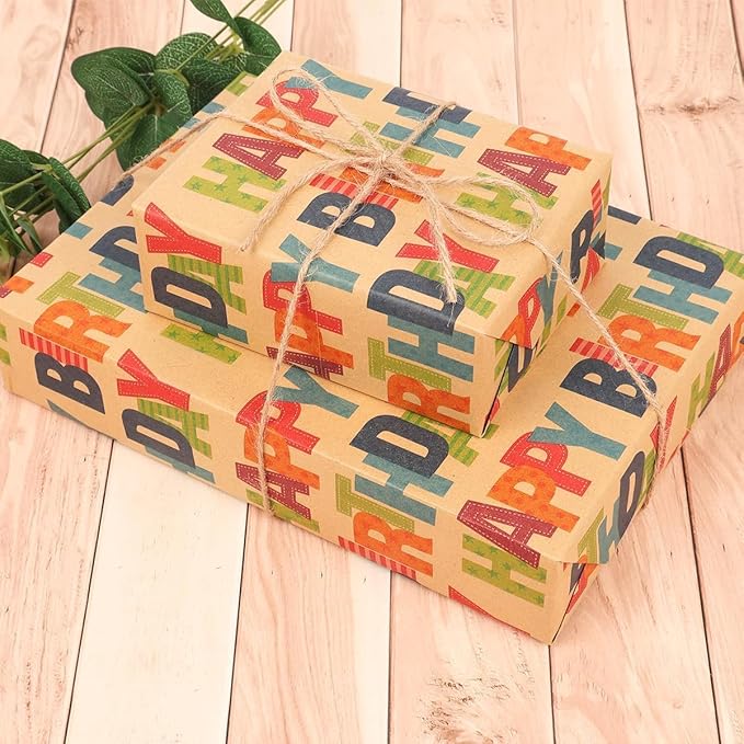 Birthday Wrapping Paper,Gift Wrapping Paper Roll,Kraft Wrapping Paper-17 inch X 32.8 Feet Per roll,Colorful Text Happy Birthday Design Perfect For Boys Girls Birthdays Holiday Wrap, Party, Baby Shower