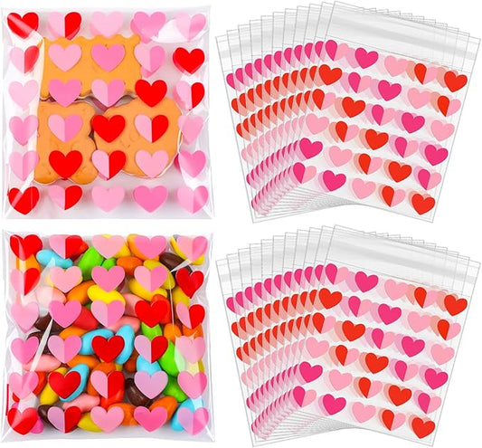 Supervitae 200 Pcs Valentines Cellophane Cookie Bags Bulk 4 x 4 Inch Heart Cellophane Bags Self Adhesive Clear Treat Goodie Gift for Valentine's Day Party Supplies Snacks Bakery Cookie Packaging