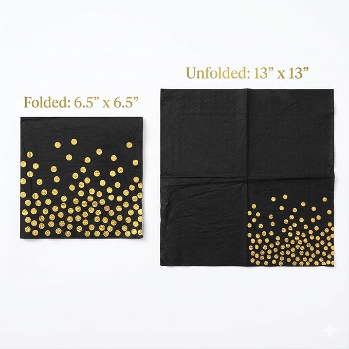 80Pcs Black and Gold Paper Napkins Disposable, Cocktail Napkins for Party Supplies, Gold Polka Dot Dinner Beverage Napkins Bulk, Men Women Birthday Anniversary Decorations